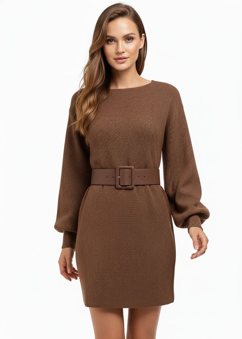 VESTIDO CORTO DE PUNTO CON CINTURÓN