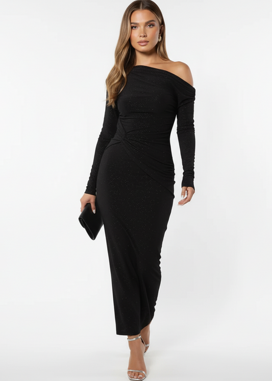 VESTIDO LARGO NEGRO BRILLANTE